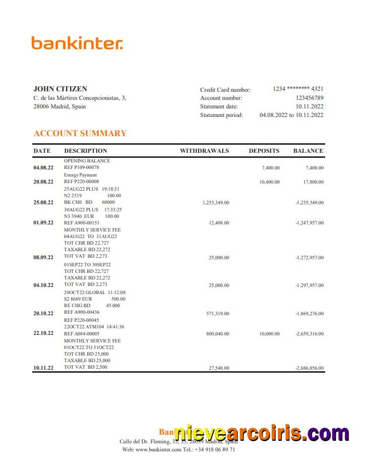 Spain Bankinter bank statement xls